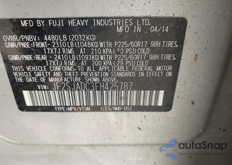 2015 Subaru Forester 2.5I Premium from USA, damaged, VIN JF2SJADC3FH425787